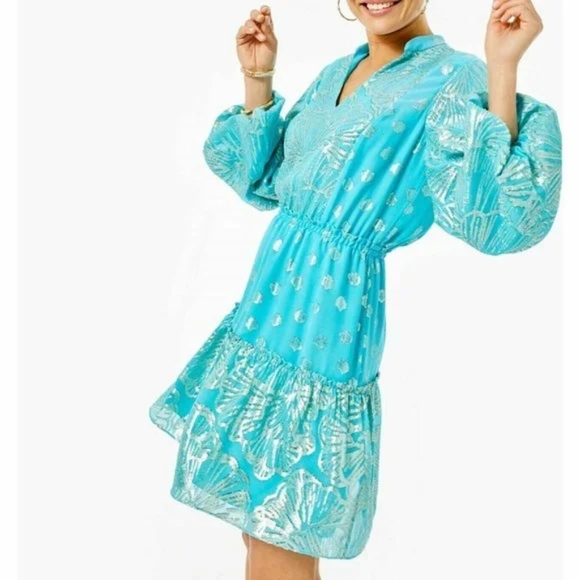 Lilly Pulitzer Nwot Joella Silk Mini Long Sleeve Metallic A Line Bermuda Blue 14 - Picture 3 of 16